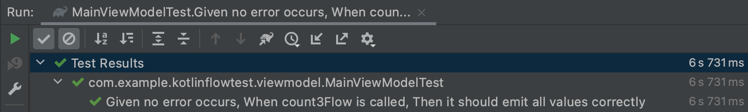 Success results of running the MainViewModelTests. Emphasis on the time it takes to run the test.