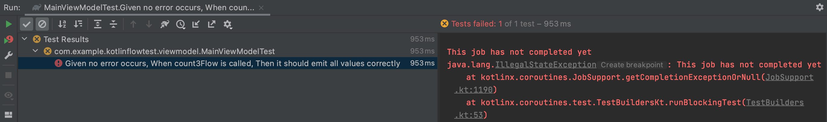 The results show an error after running MainViewModelTest.dart. 