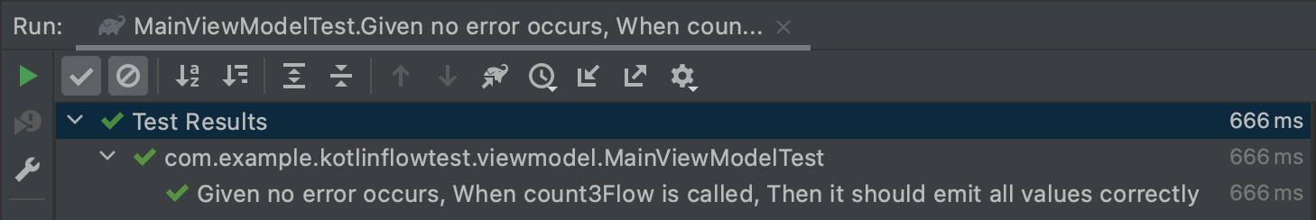 Results showing MainViewModelTest passing after replacing runBlockingTest with coroutineScope.dispatcher.runBlockingTest.