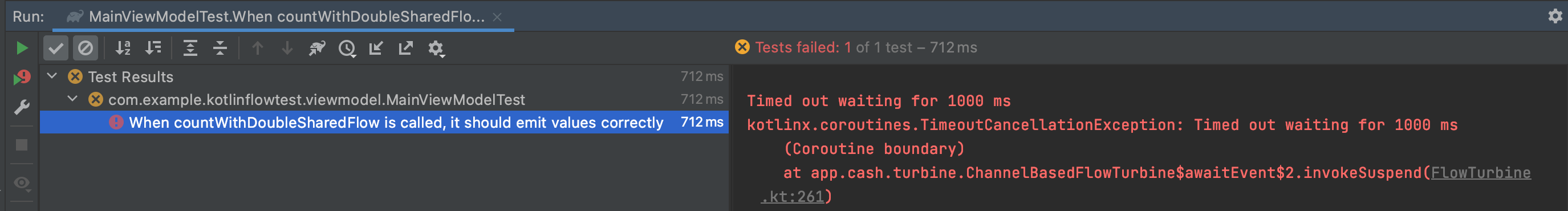 Test results showing a timeout failure.