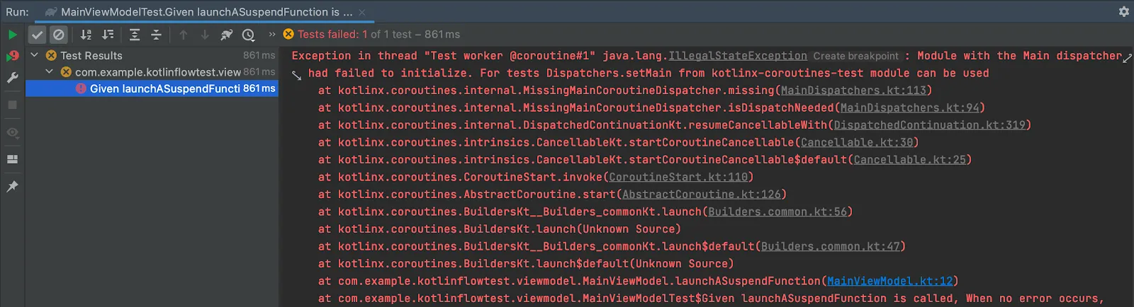 Failure results of running the MainViewModelTest test case. Here the test case tests a function that launches a coroutine.