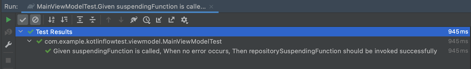 Success results of running the MainViewModelTest test after adding the TestCoroutineDispatcher.