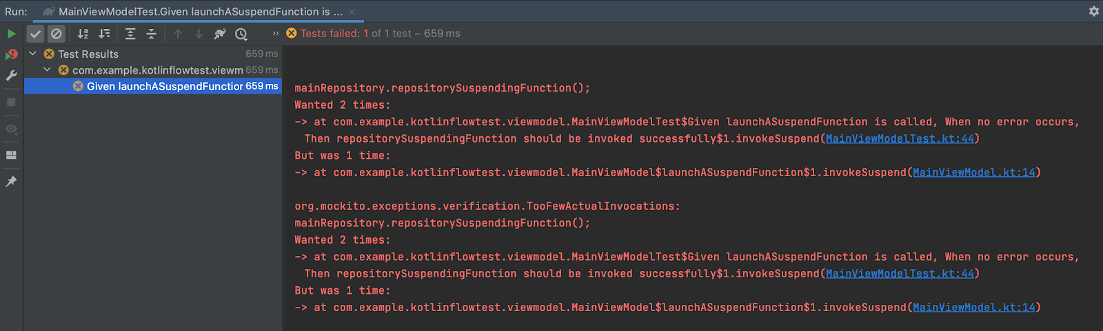 Failure on running the MainViewModelTest.