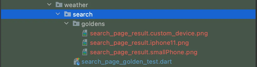 Directory showing the generated golden files. These are created after running the command to update the goldens.