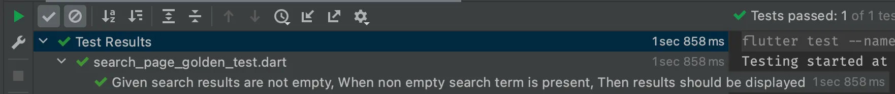 Success results of running the search_page_golden_test.dart.