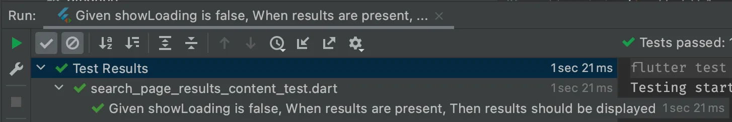 Success results of running the search_page_results_content_test.dart tests.