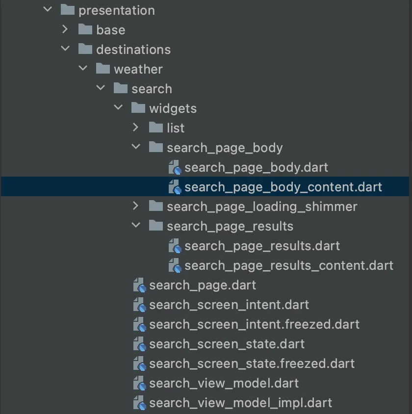 A picture showing the location of the search_page_body_content class in the project directory for which tests will be written.