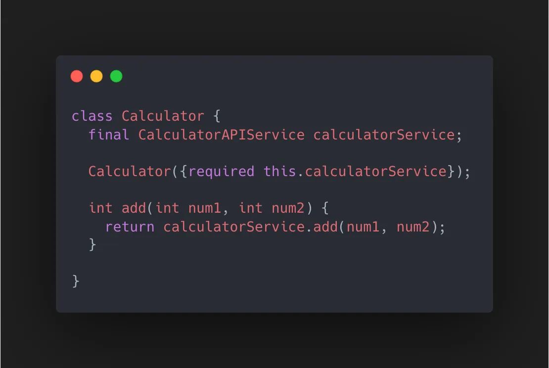 Code sample showing how dependancy injection can be used to inject an object that a class requires.