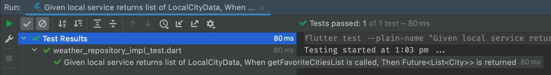 Success results of running the weather_repository_impl_test.dart tests.