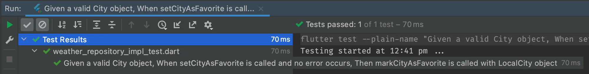 Success results of running the weather_repository_implt_test.dart.