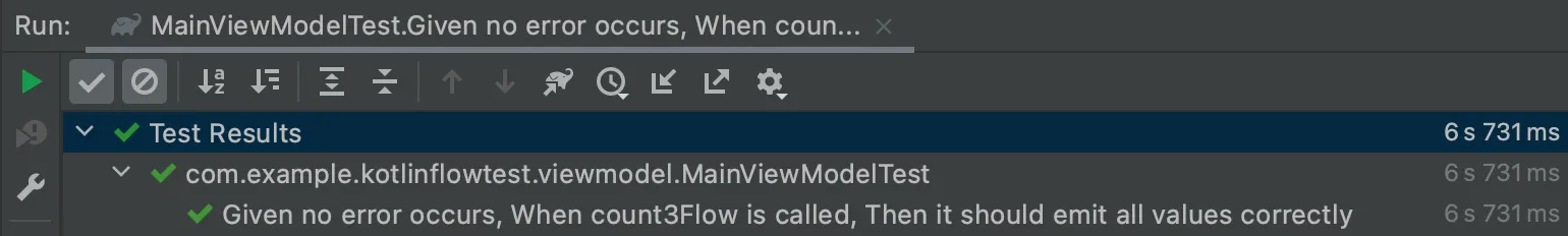Success results of running the MainViewModelTests. Emphasis on the time it takes to run the test.