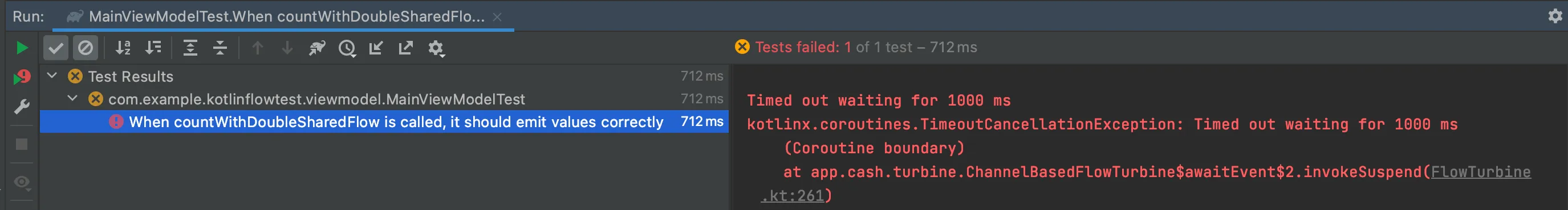 Test results showing a timeout failure.