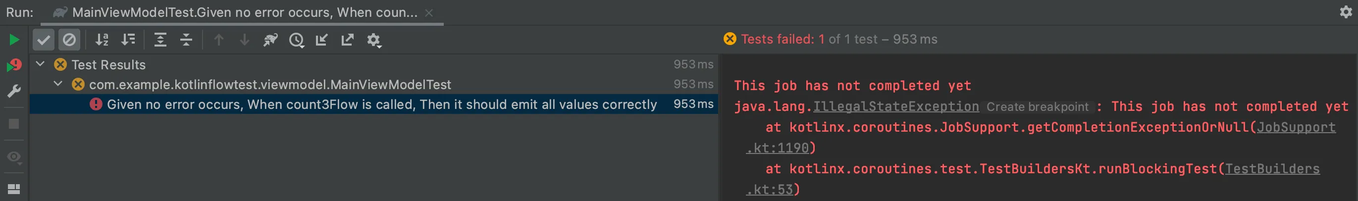 The results show an error after running MainViewModelTest.dart. 