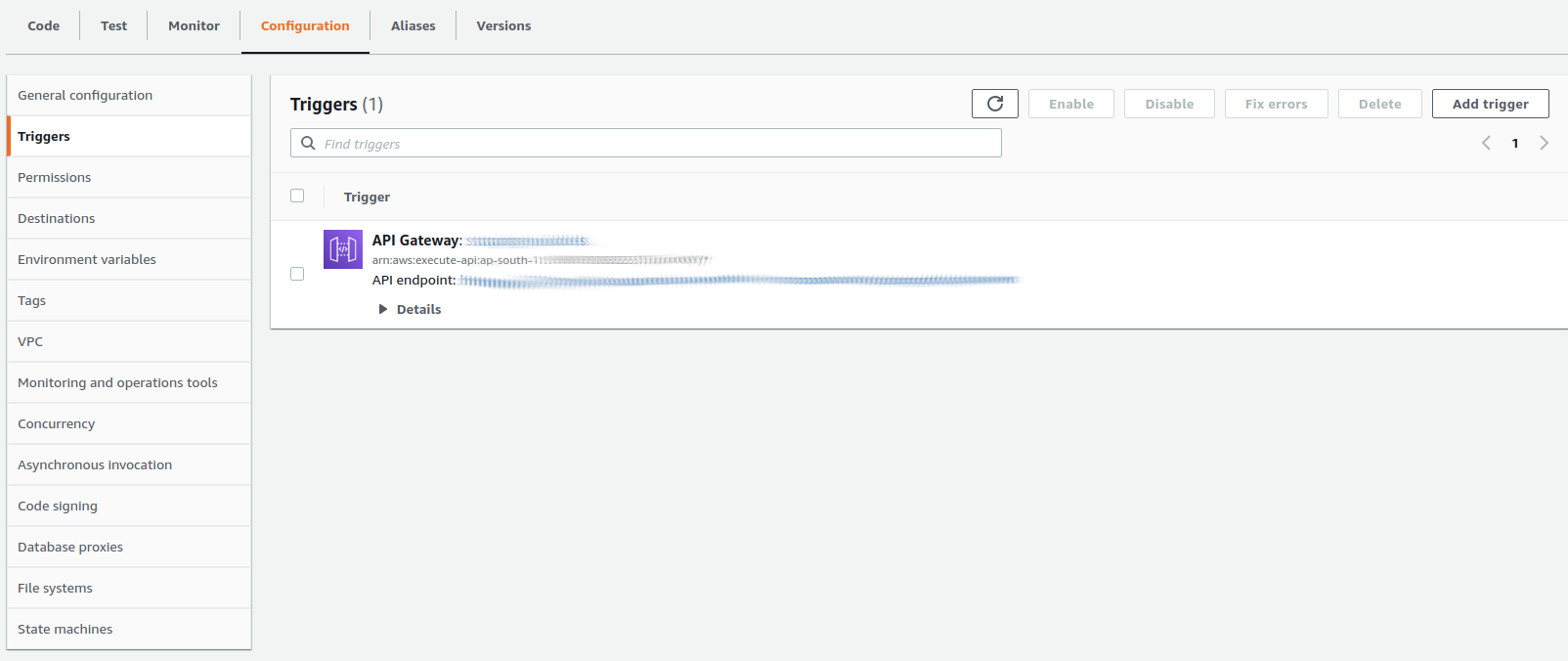 AWS dashboard showing the Lambda configuration trigger.