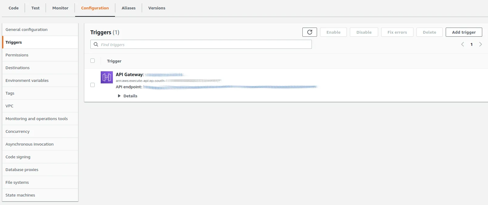 AWS dashboard showing the Lambda configuration trigger.