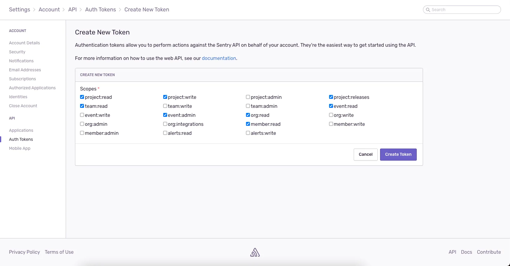 Choice of scopes to select before creating a sentry token.