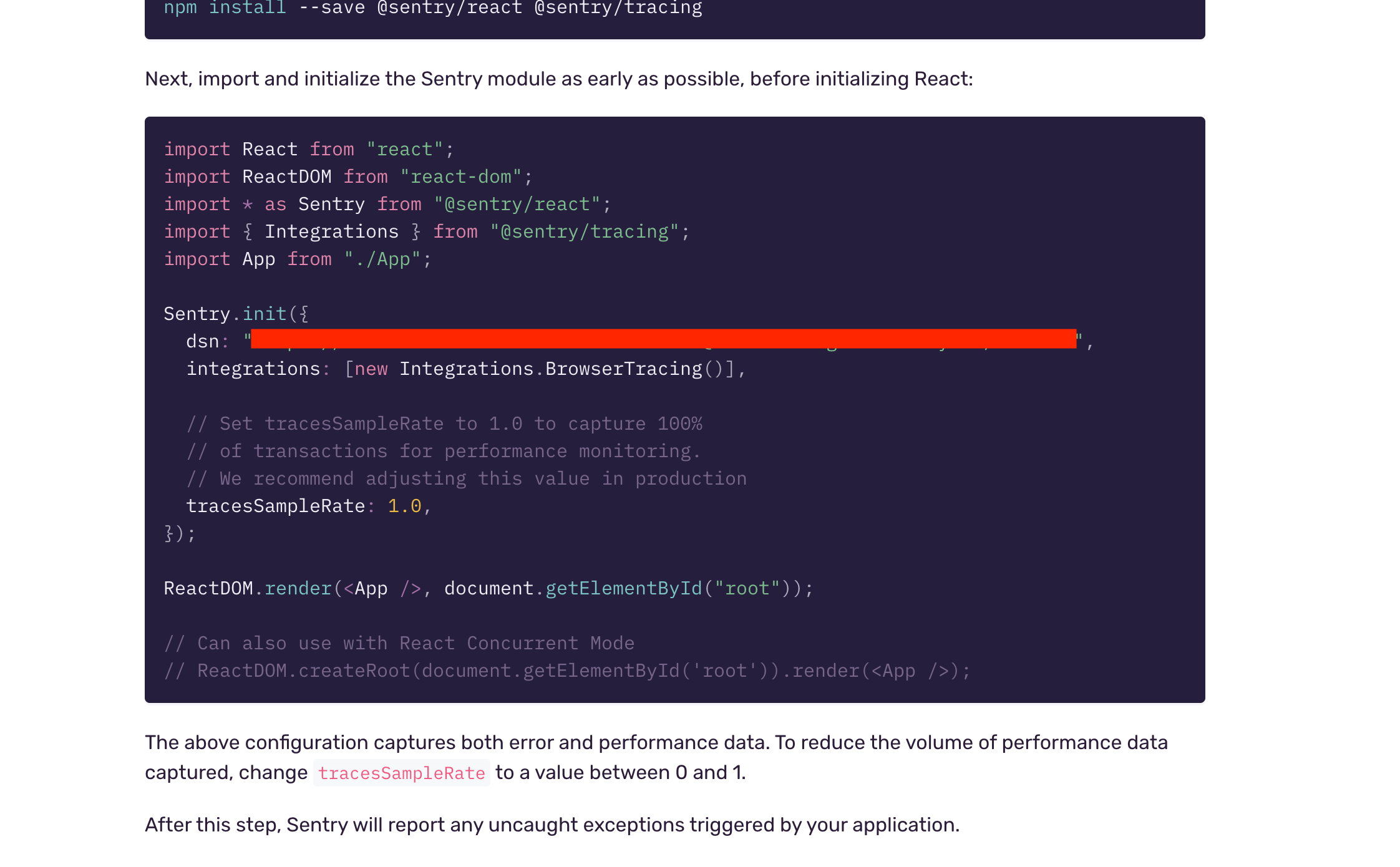 Code sample shown on sentry to be copied to the react project.