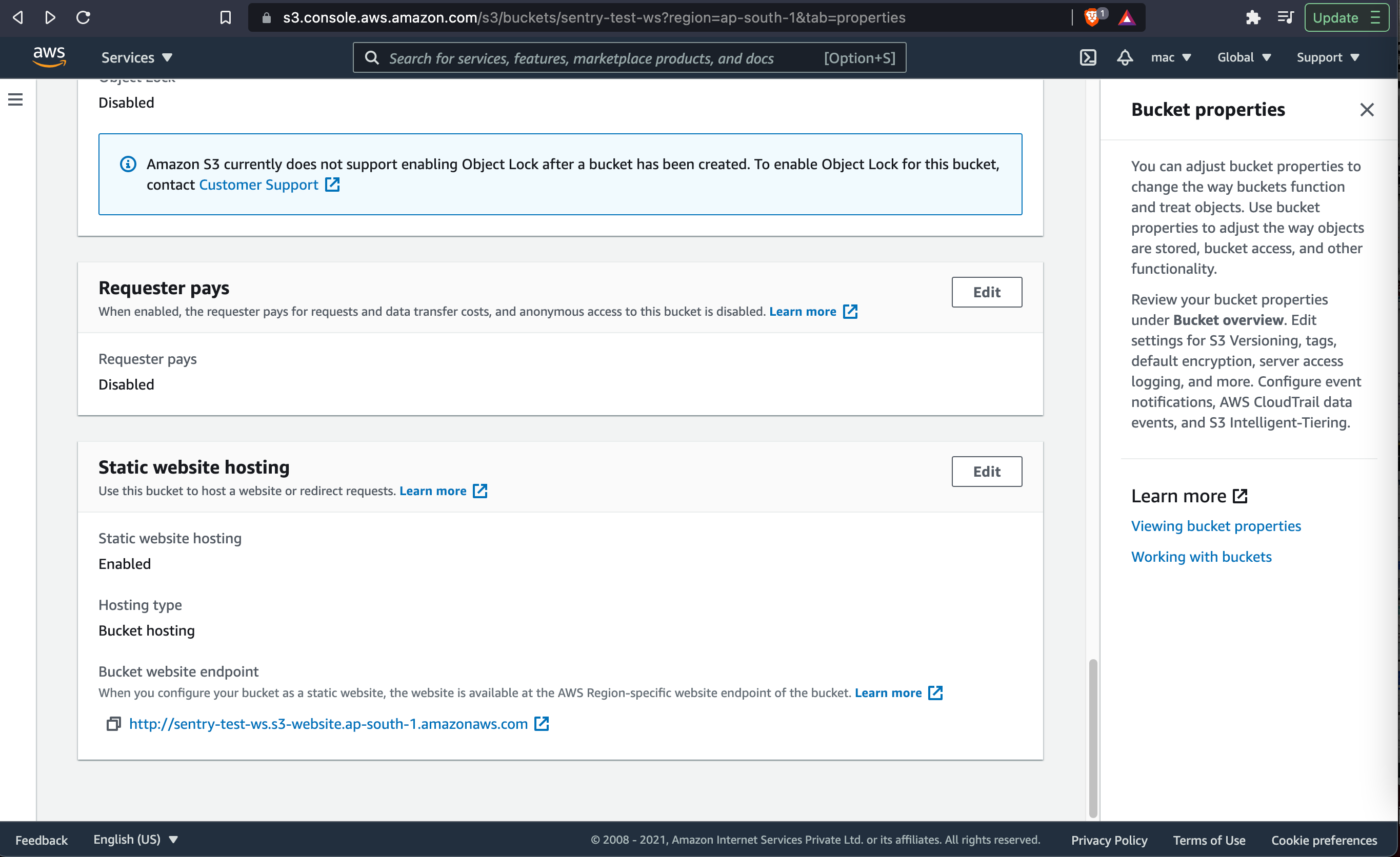 AWS dashboard showing where static website hosting can be enabled.