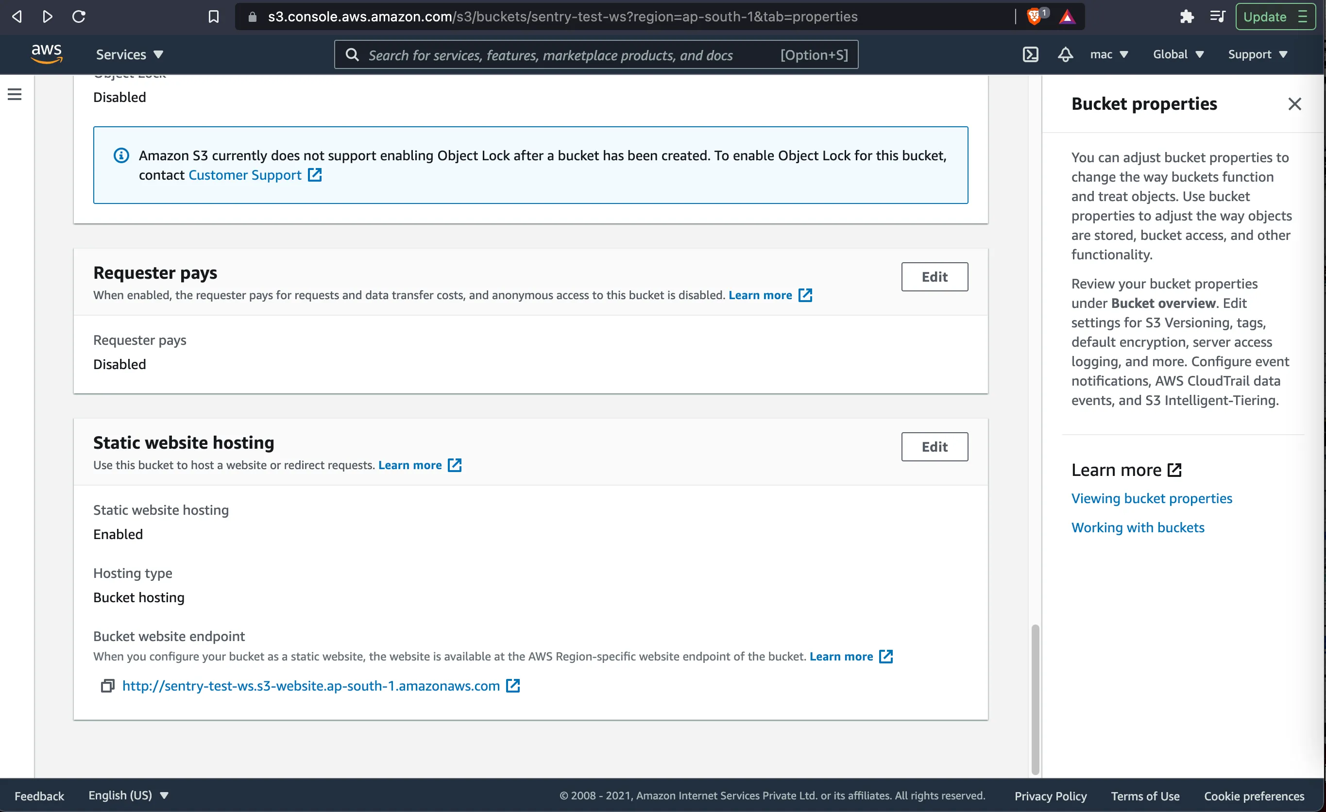 AWS dashboard showing where static website hosting can be enabled.