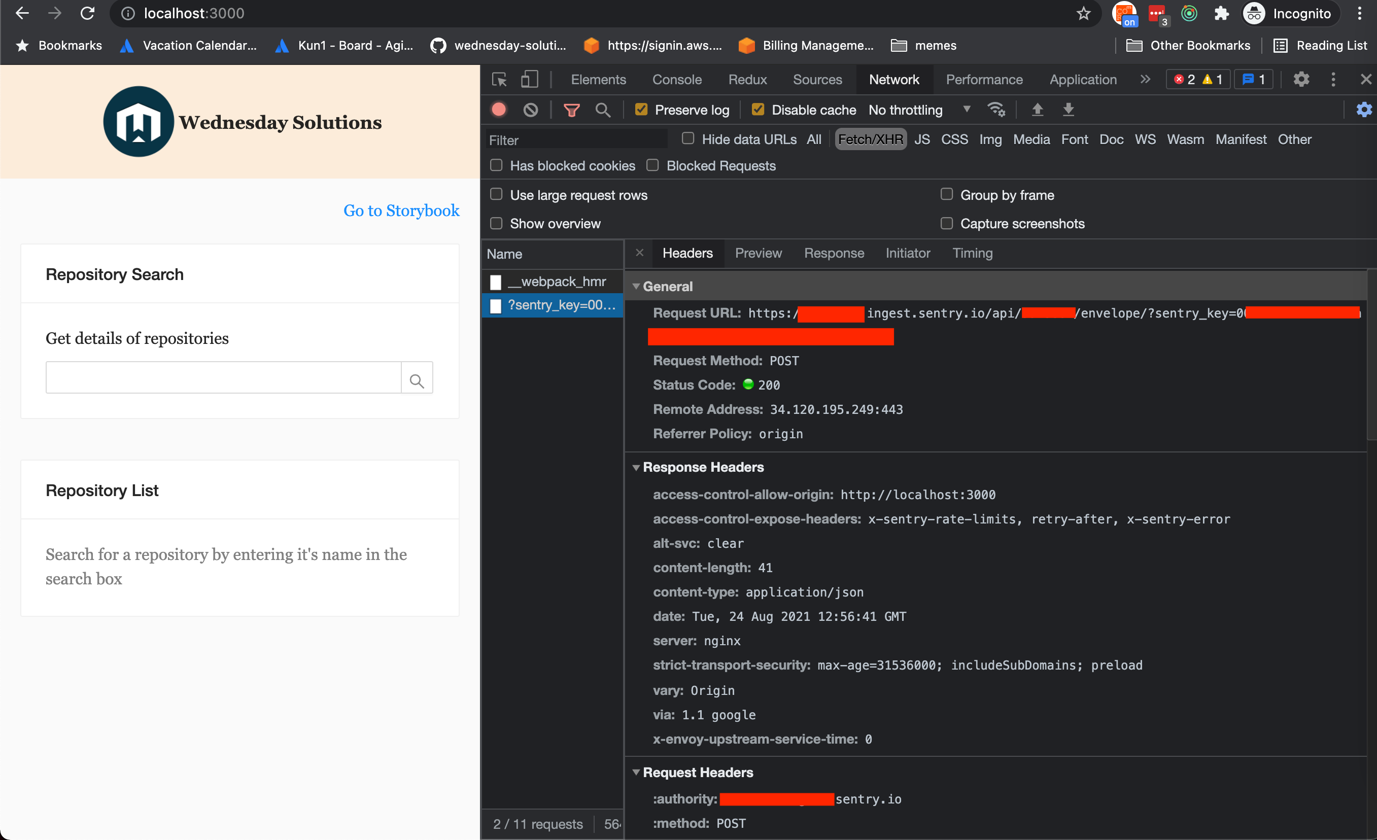 Browser showing the outgoing requests sent to Sentry.