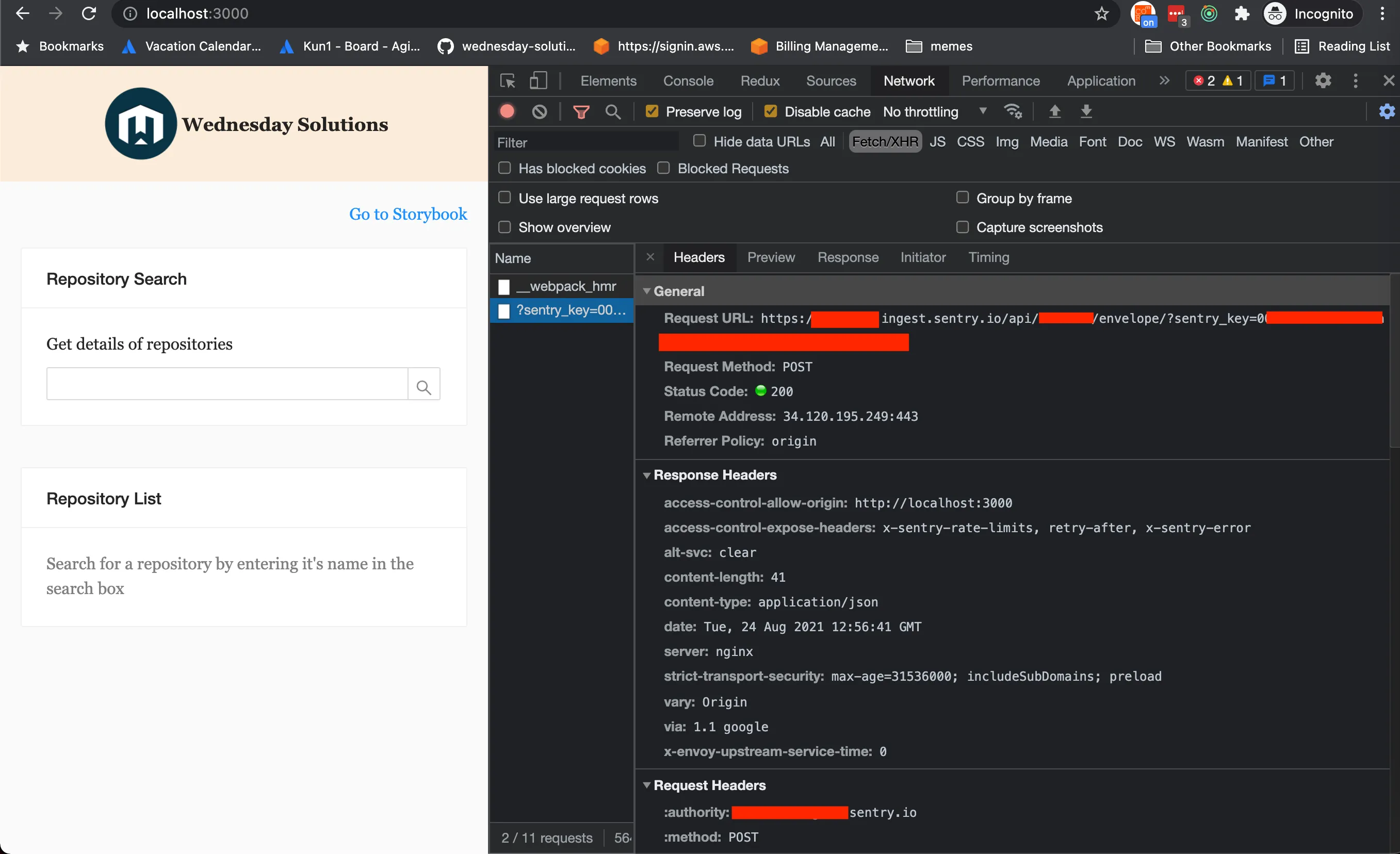 Browser showing the outgoing requests sent to Sentry.