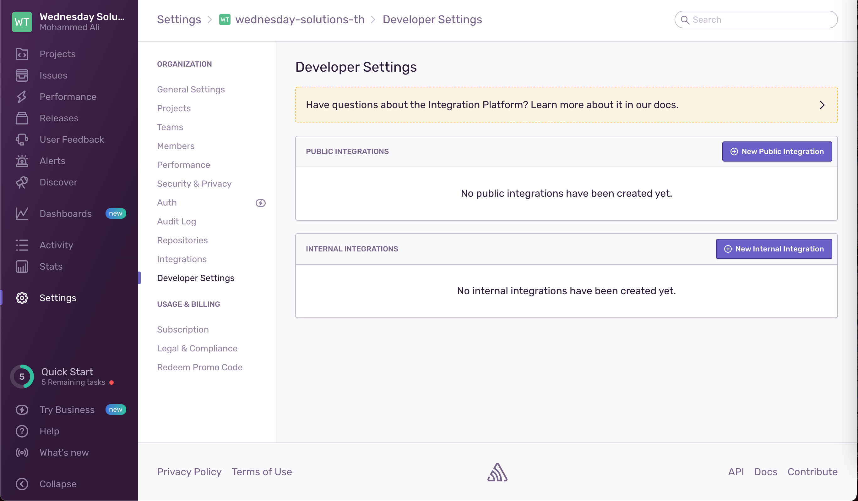 Developer settings on Sentry.