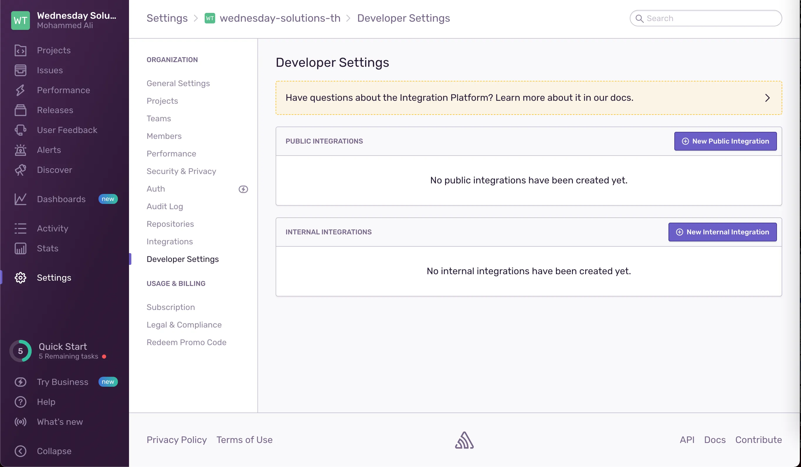 Developer settings on Sentry.