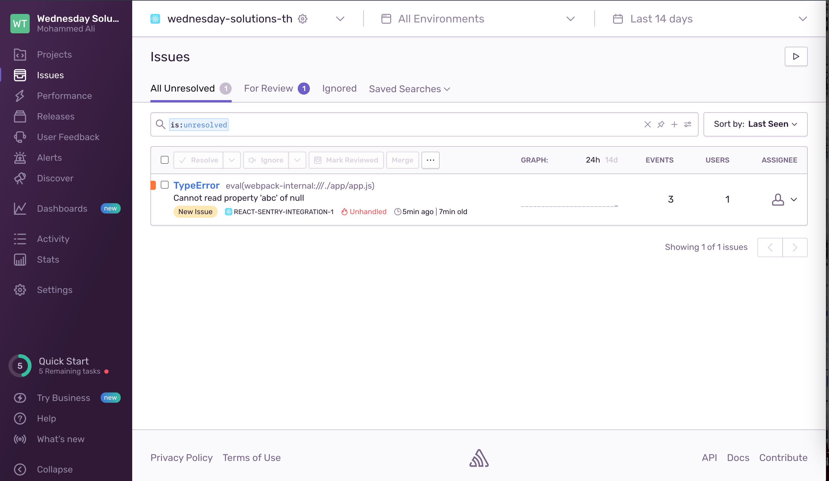 Sentry showing unresolved issues about your project.