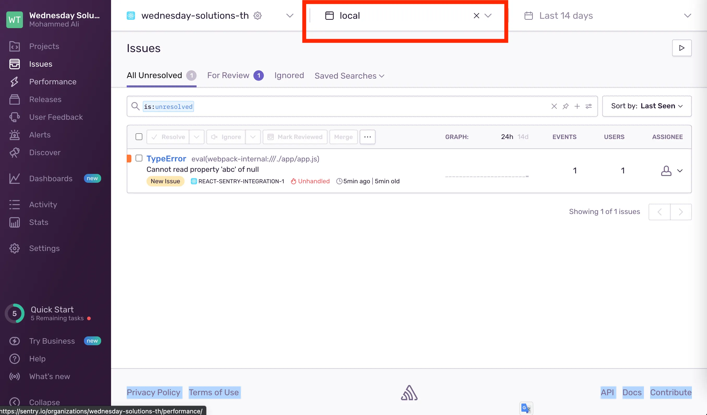 How to filter by environment on Sentry.
