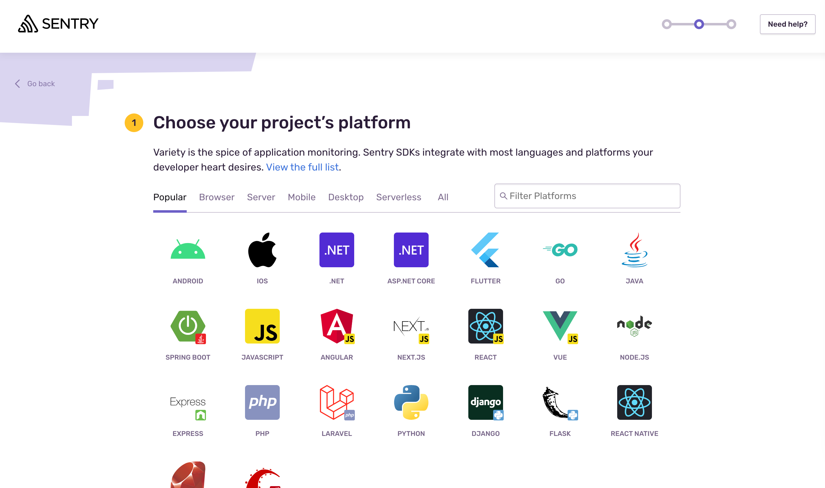 Choose the react platform on sentry.