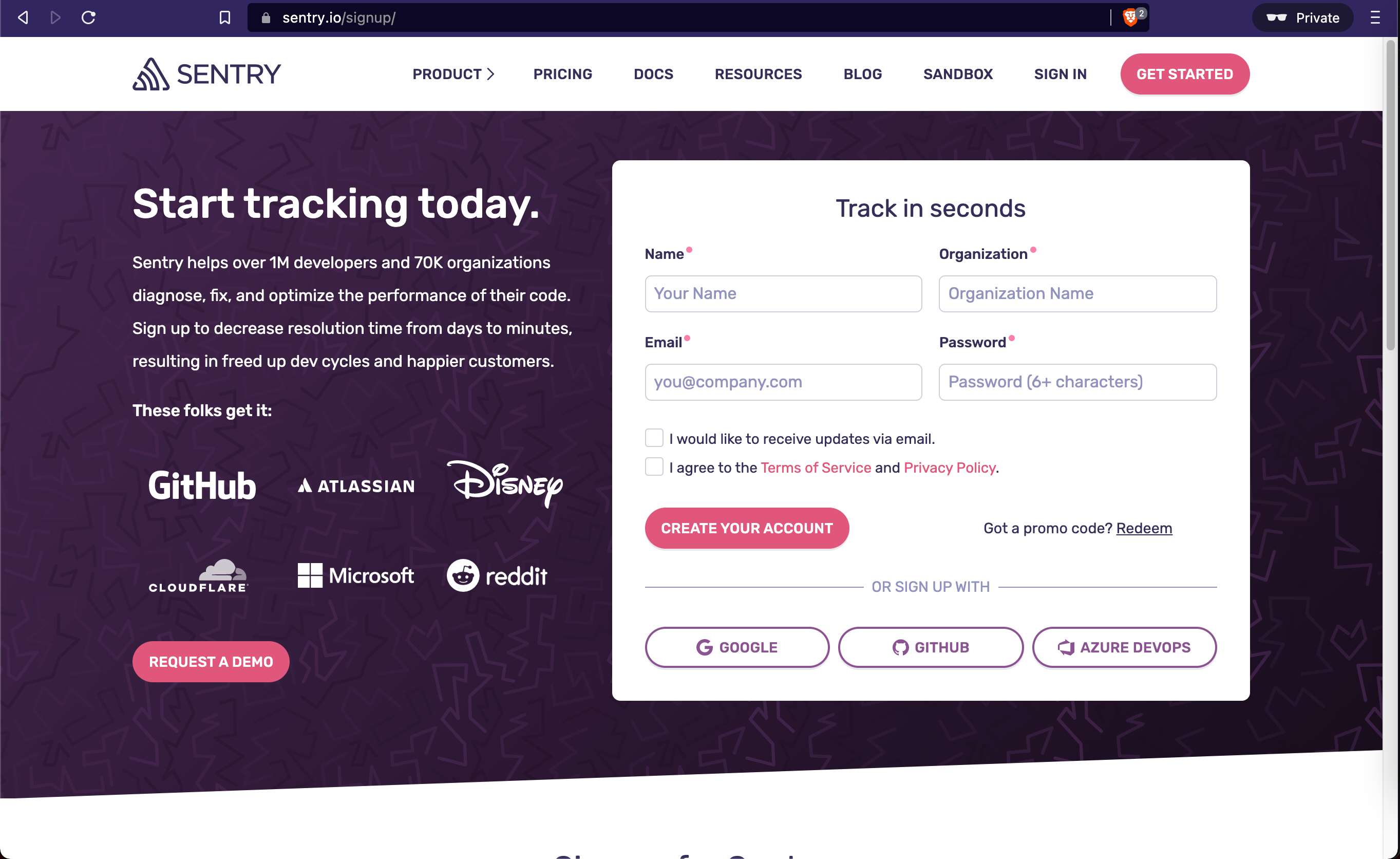 Fill our the sign up form and select create account to create an account on sentry.