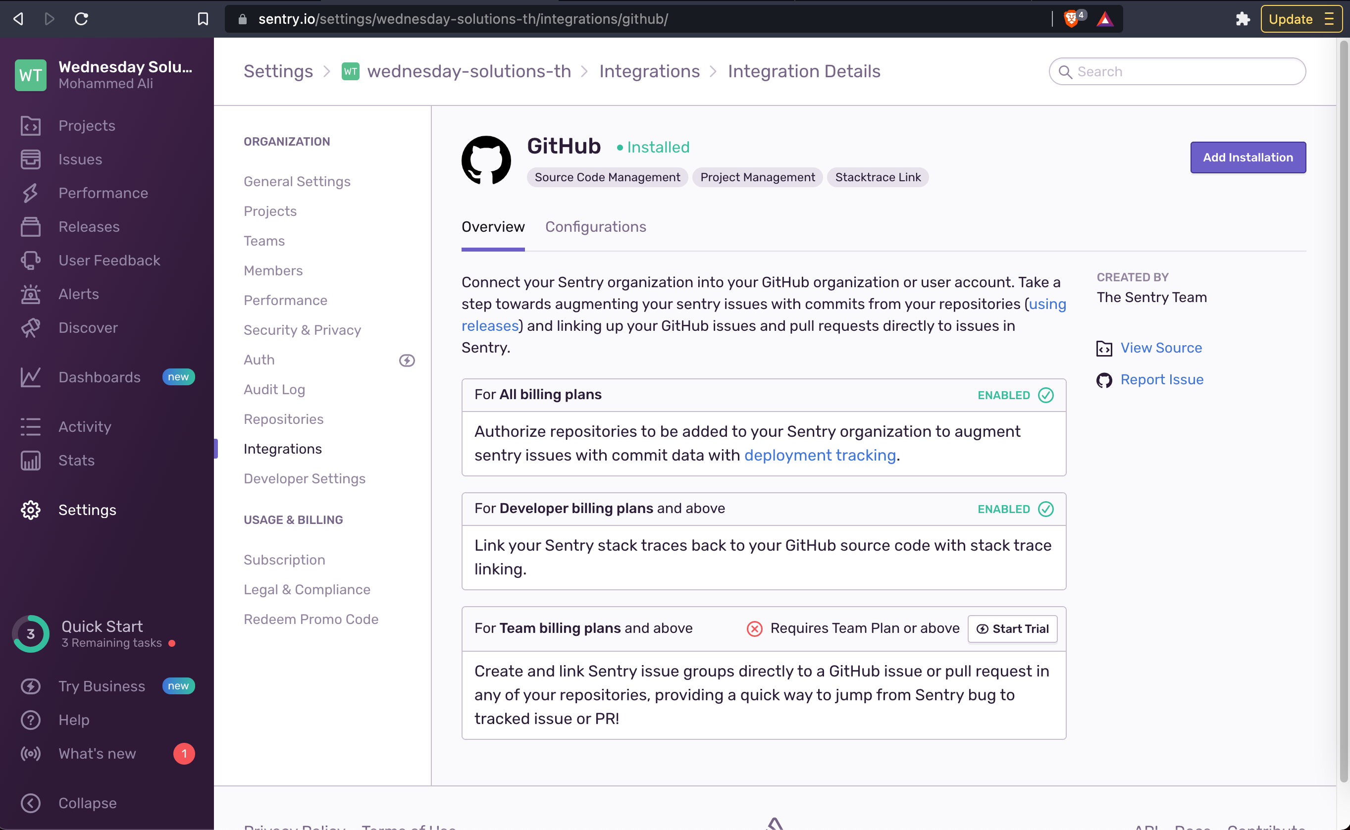Github integration details.