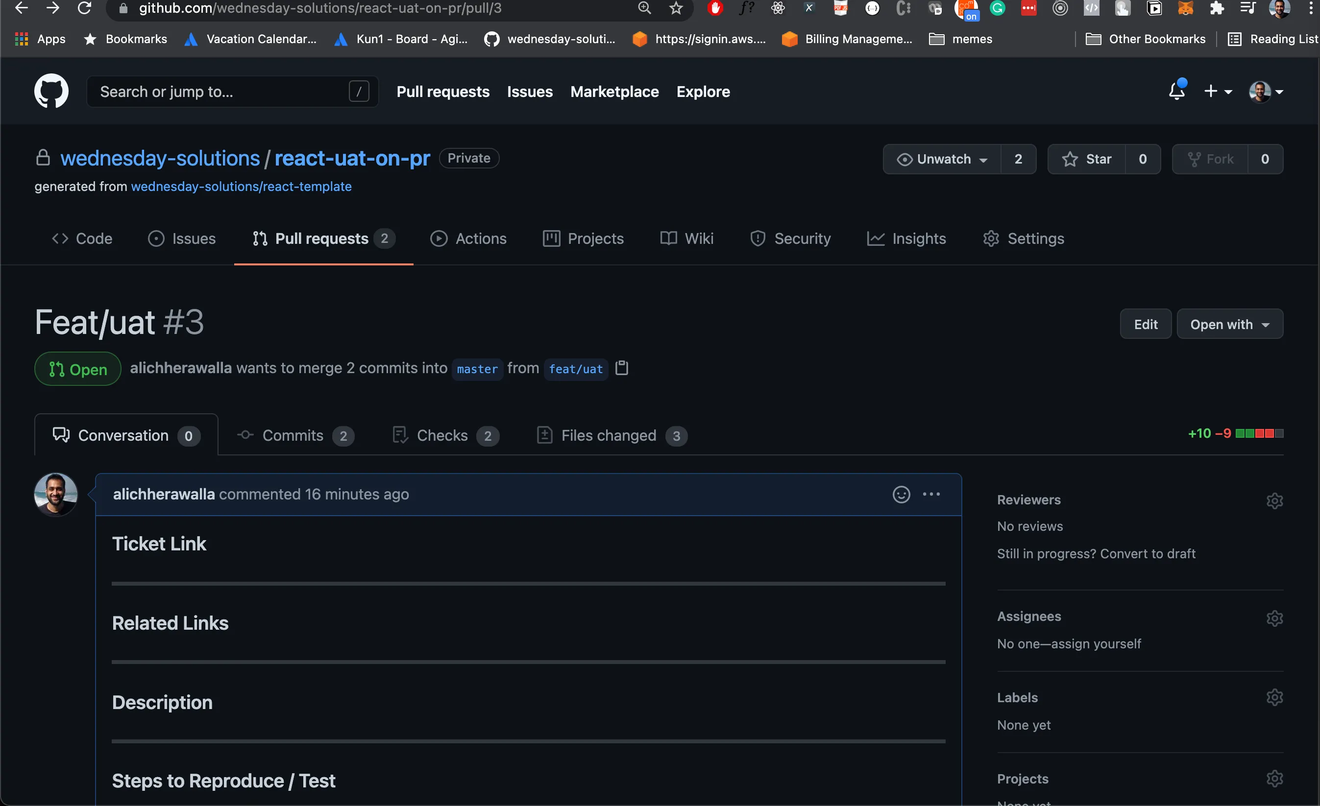 Pull request raised on the wednesday react template repository.