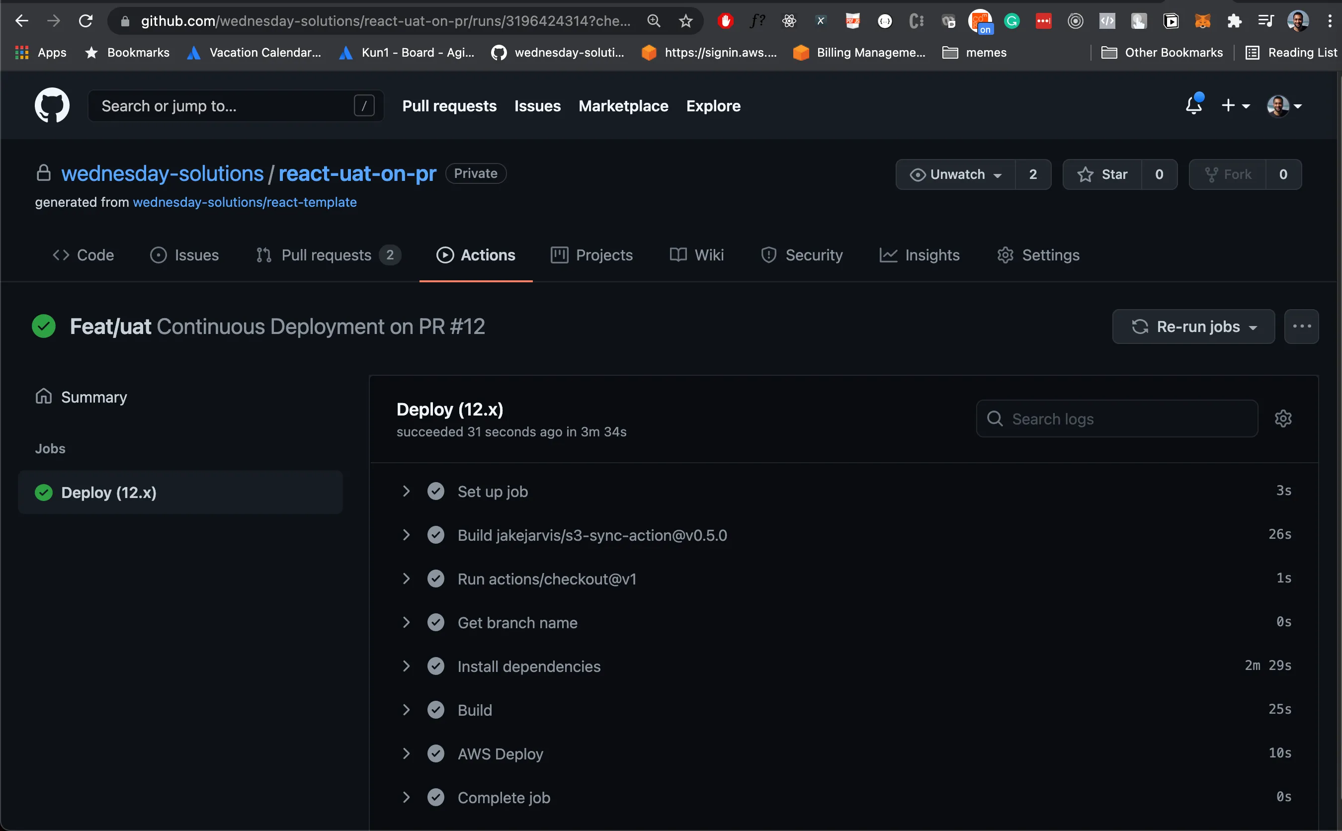 Github actions running on the Wednesday react template.
