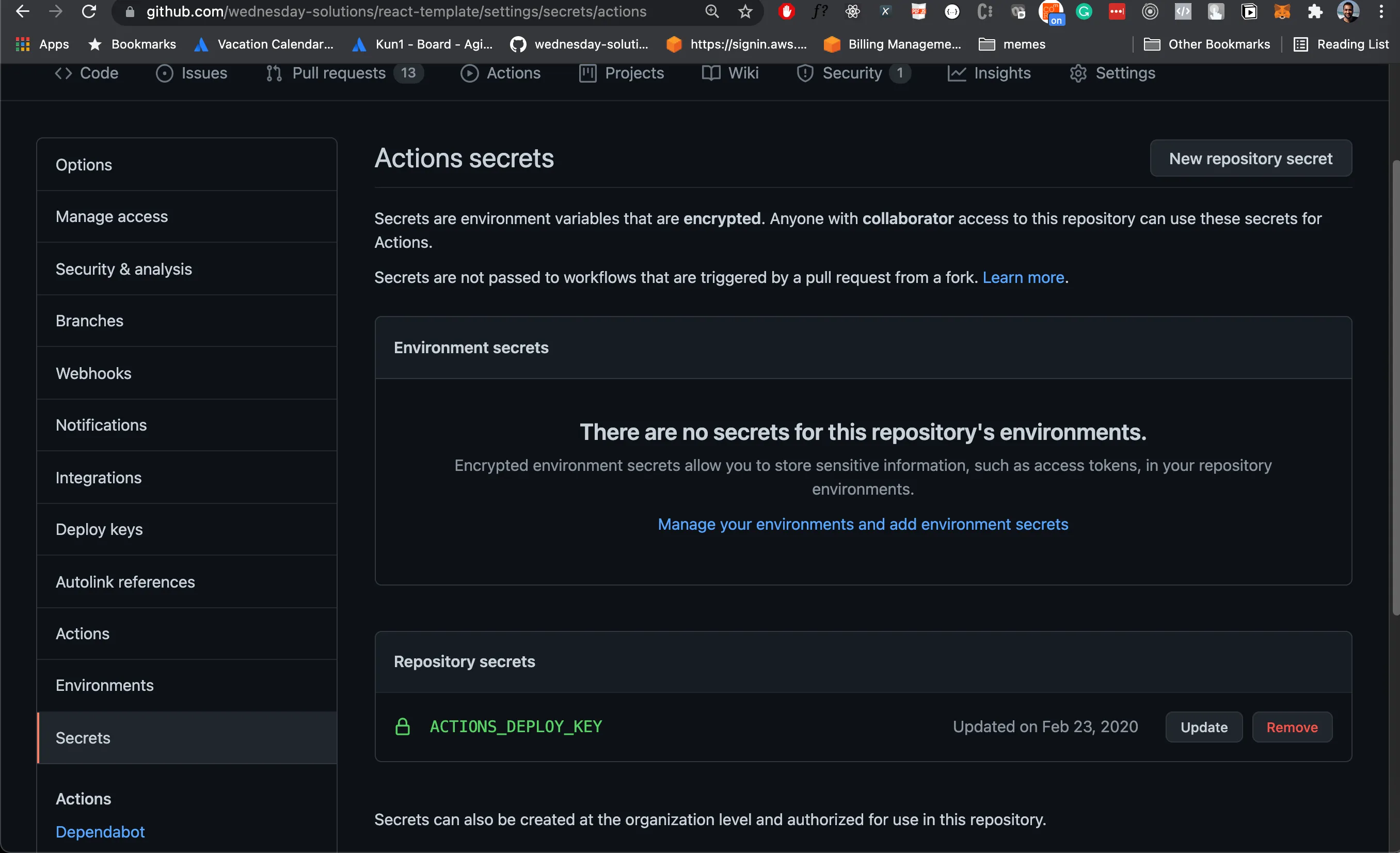Secrets section on the wednesday react template github repo.