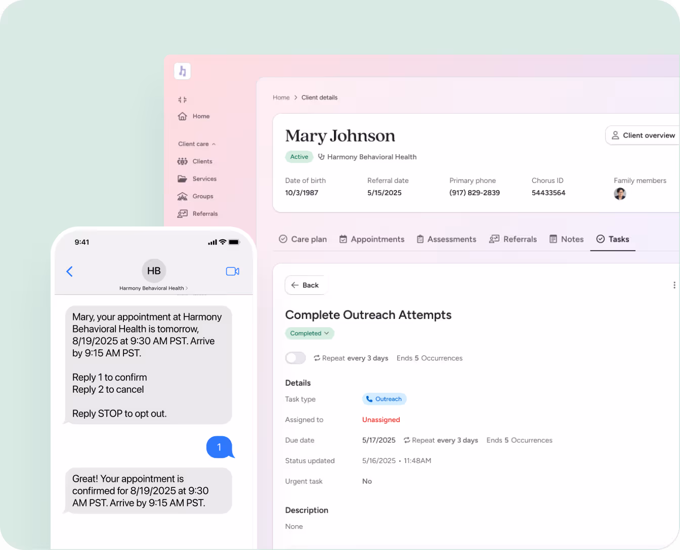 Screenshot from longitudinal care management app demo