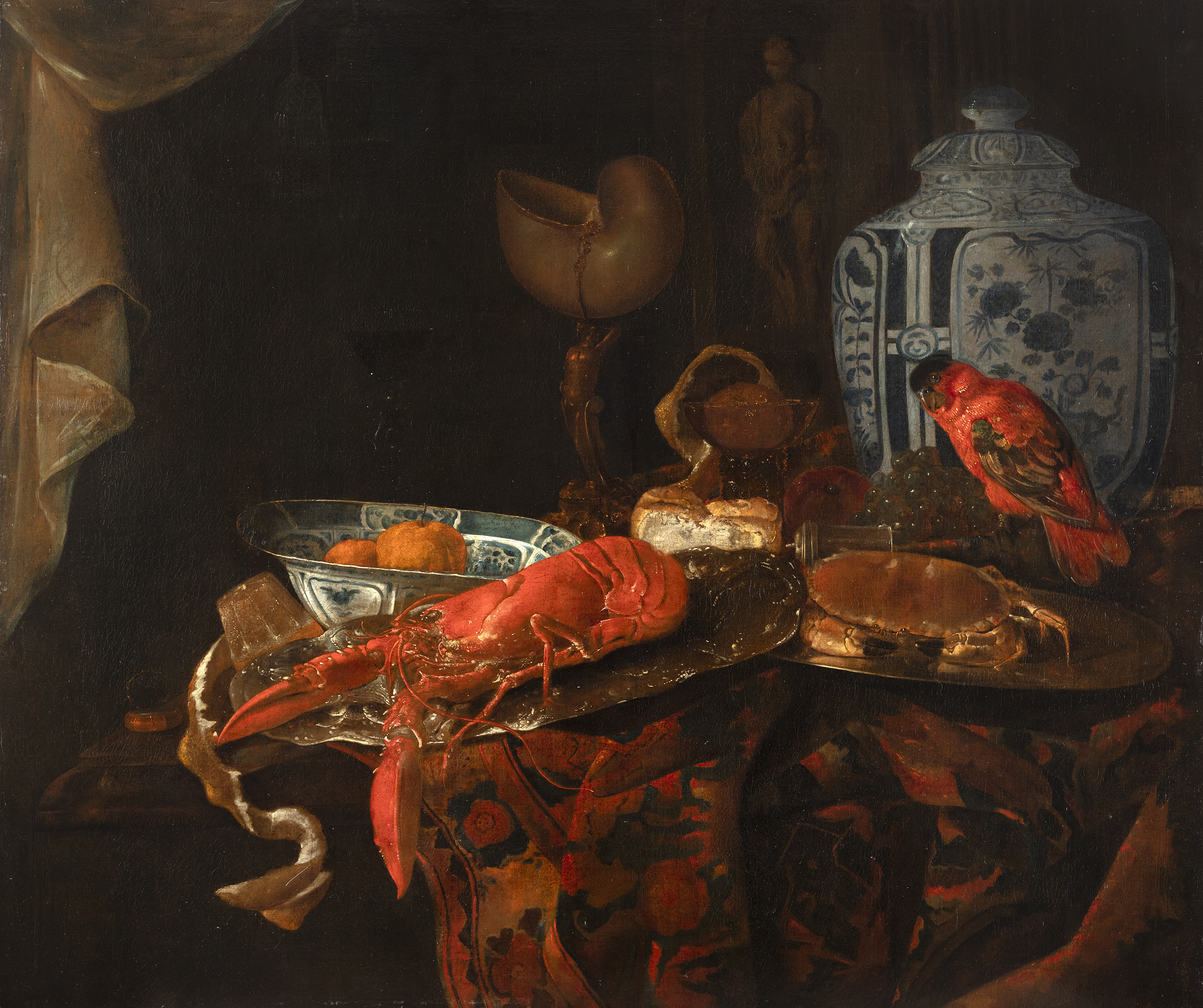 Still life with lobster and a parrot