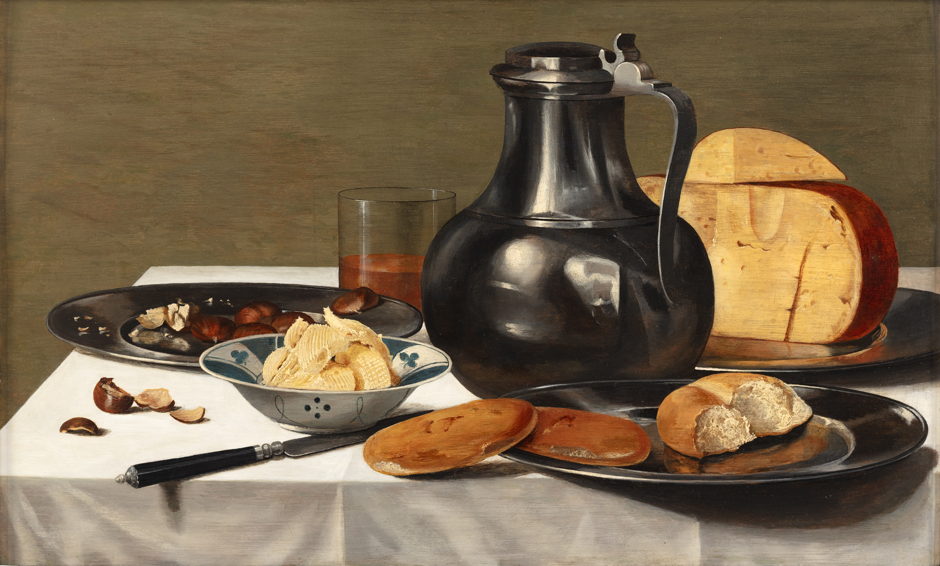 Still life with cheeses, nread and chestnuts