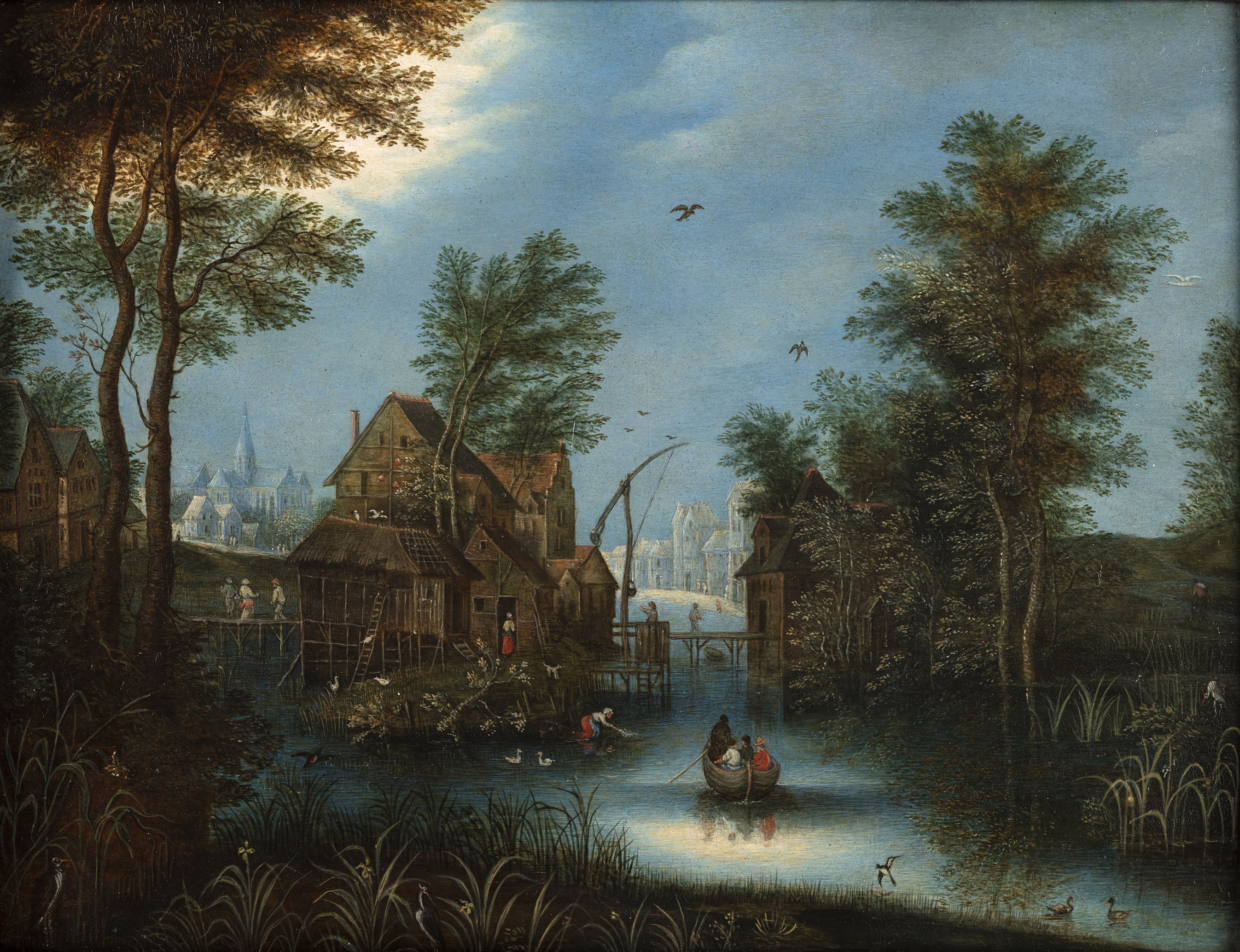 Animated village with a river