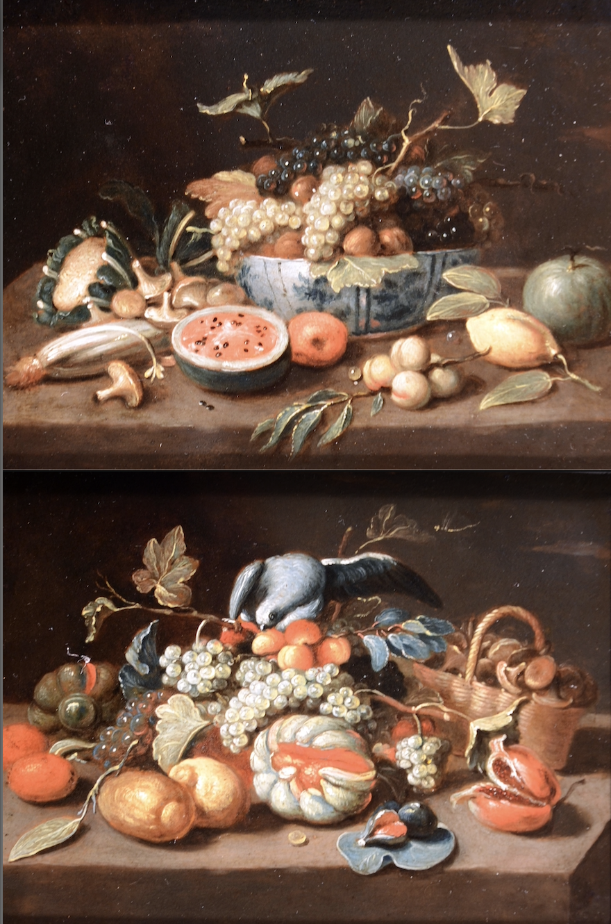 Two still lifes with fruits  and a parrot