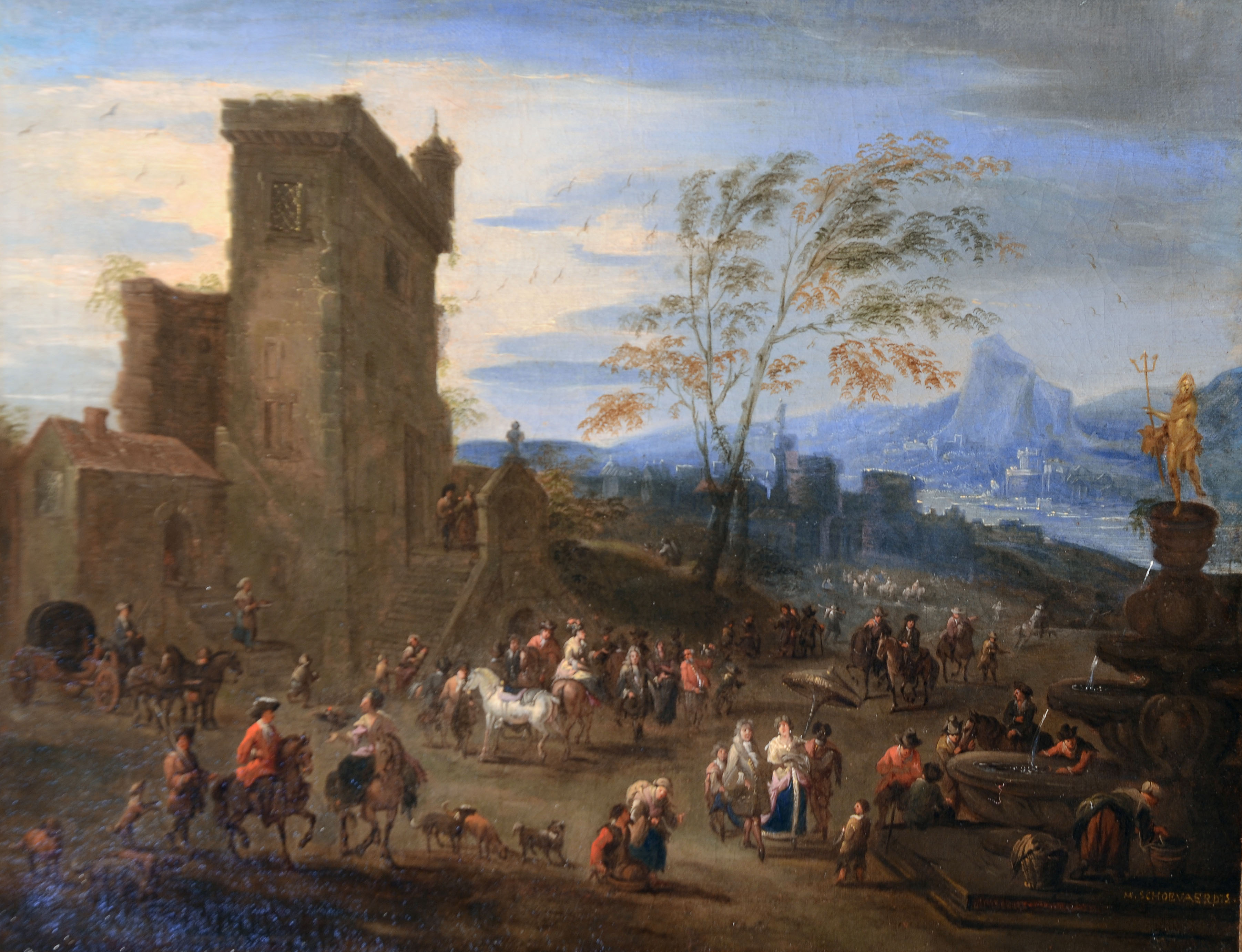 Animated village with travellers and a hunting party