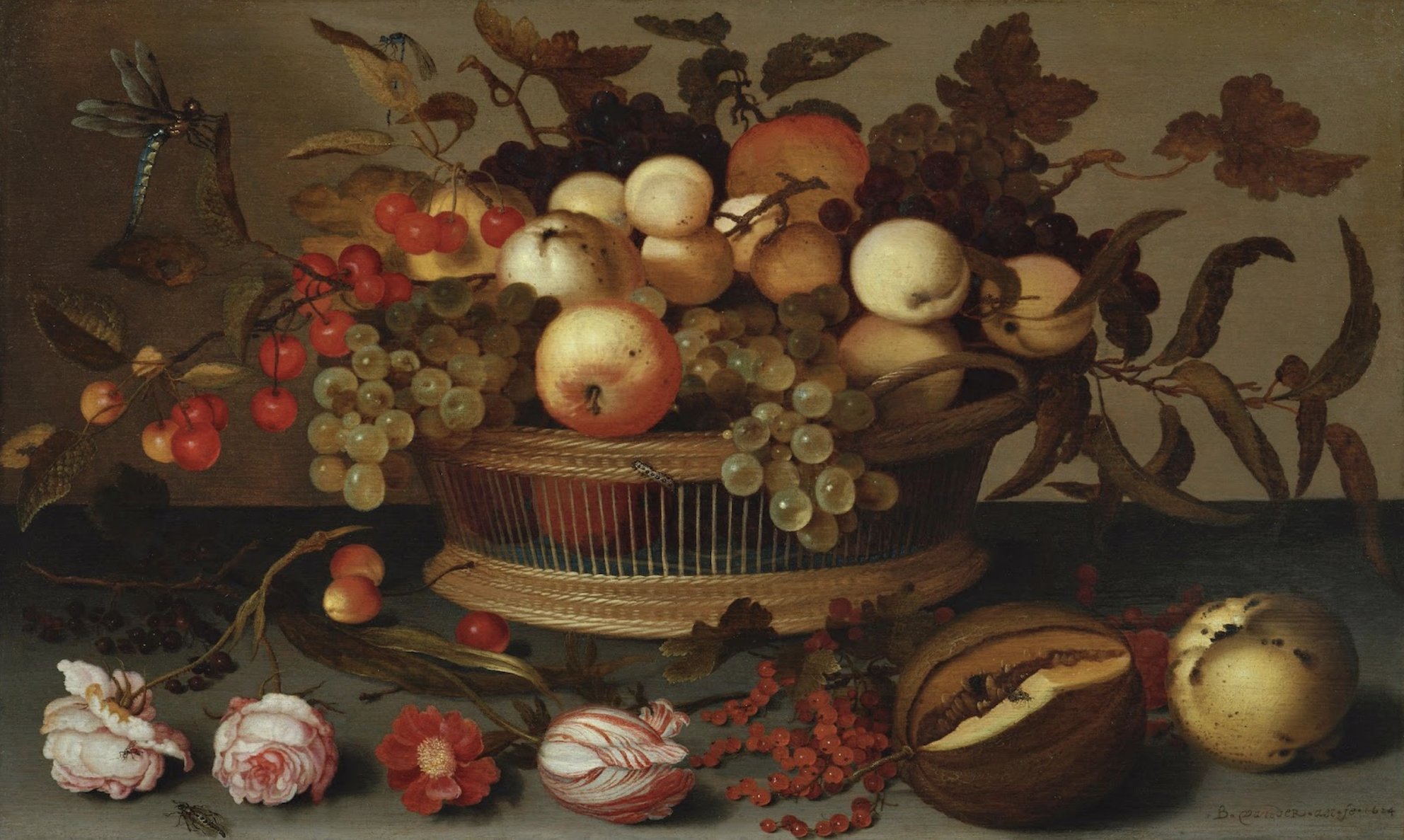Still life with fruits, flowers and a dragonfly in a wicker basket