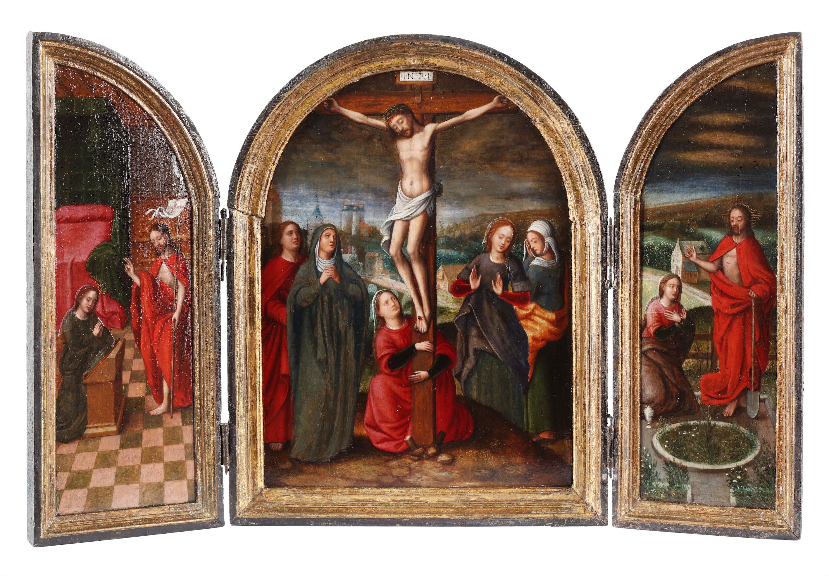 A triptych with the crucifixion of Christ, Noli me Tangere and the blessing of the Virgin