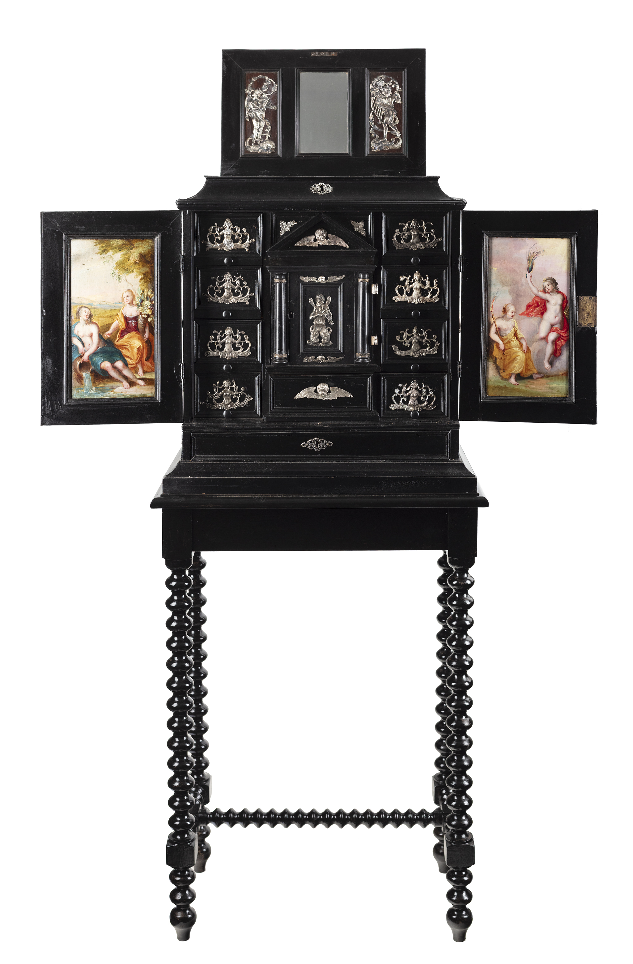 Cabinet with silverwork and two painted doors