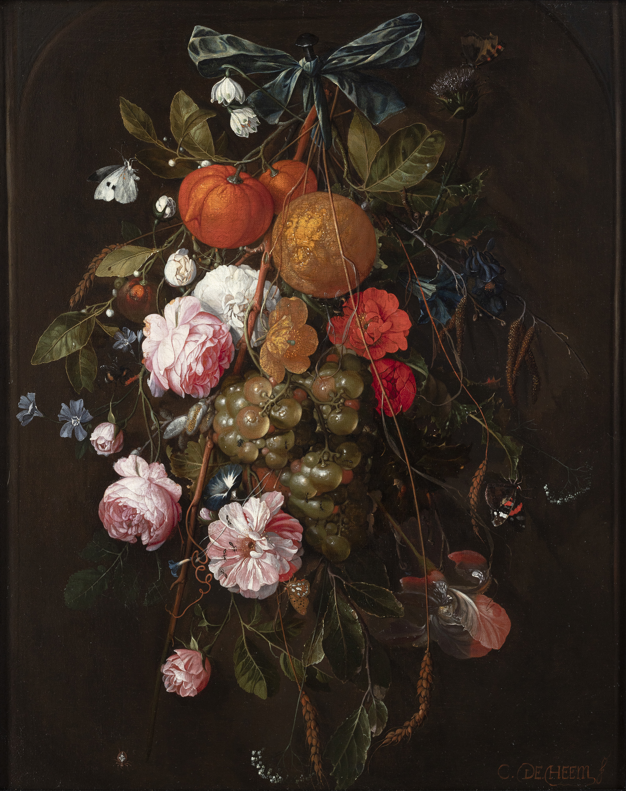 A still life of fruit and flowers, suspended from a blue ribbon hanging from a nail