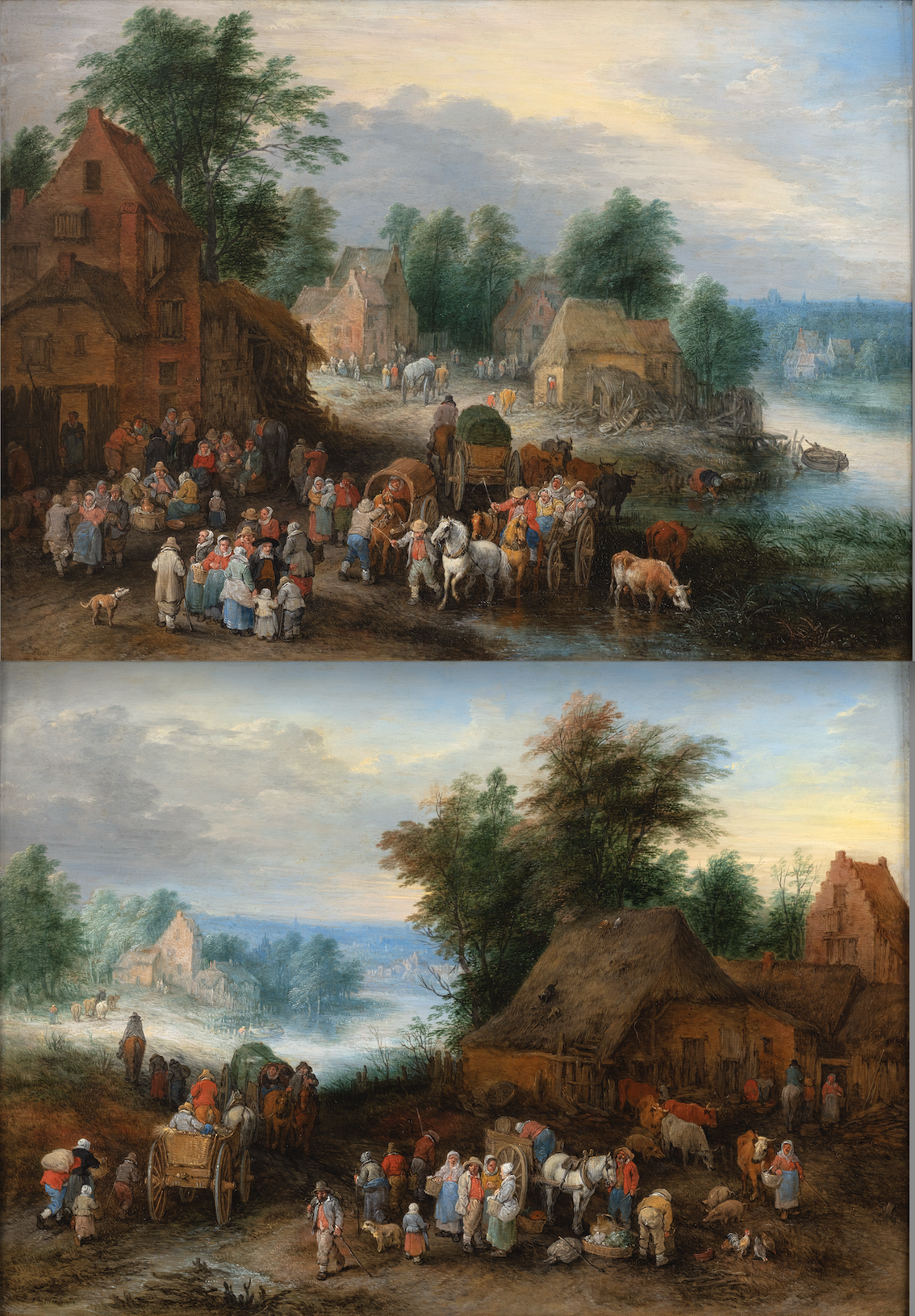 A busy town near the river and a busy town with villagers departing