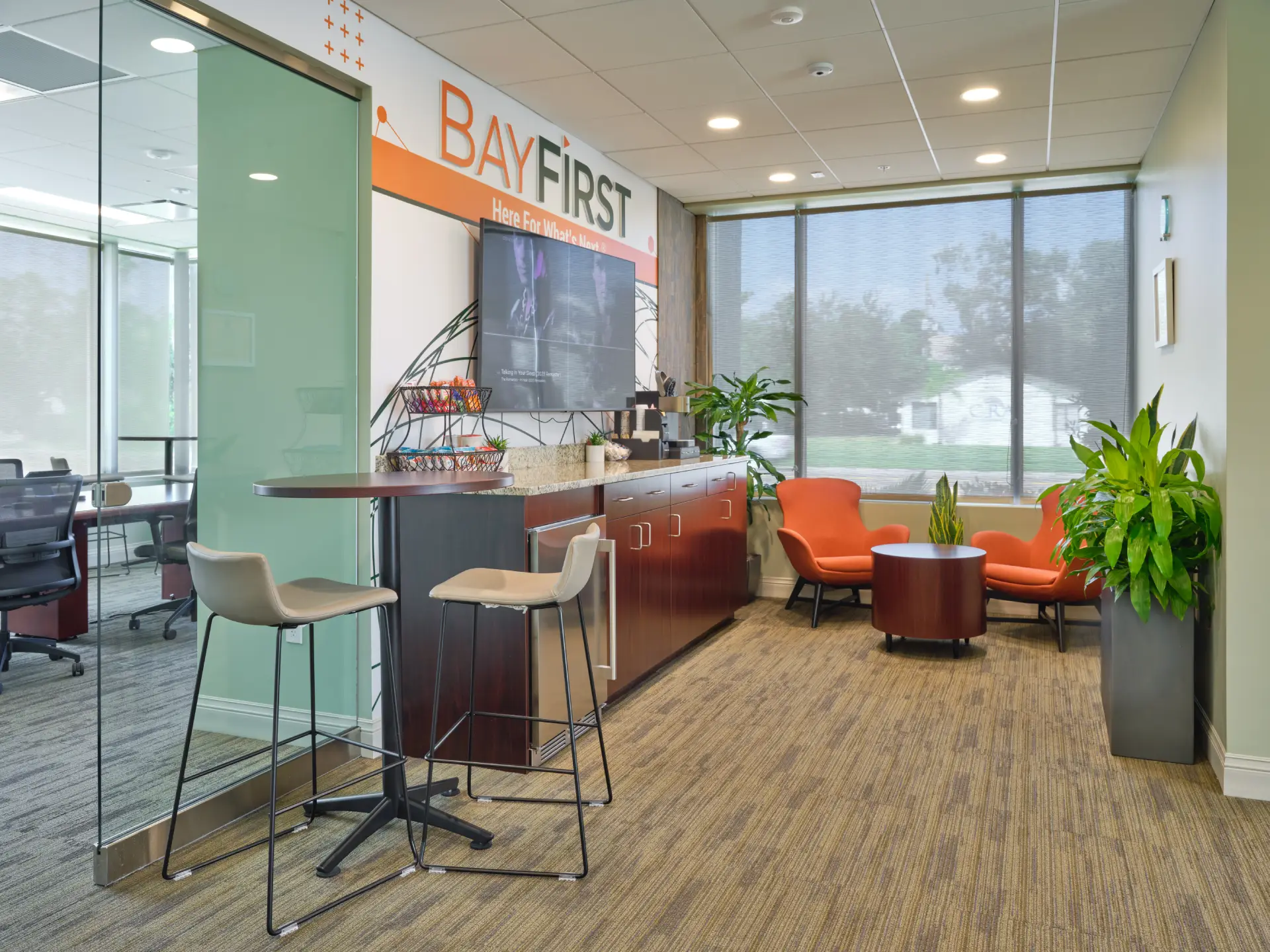 Bayfirst Bank commercial architecture office building interior view. Designed by Suarez Architecture, Sarasota, FL