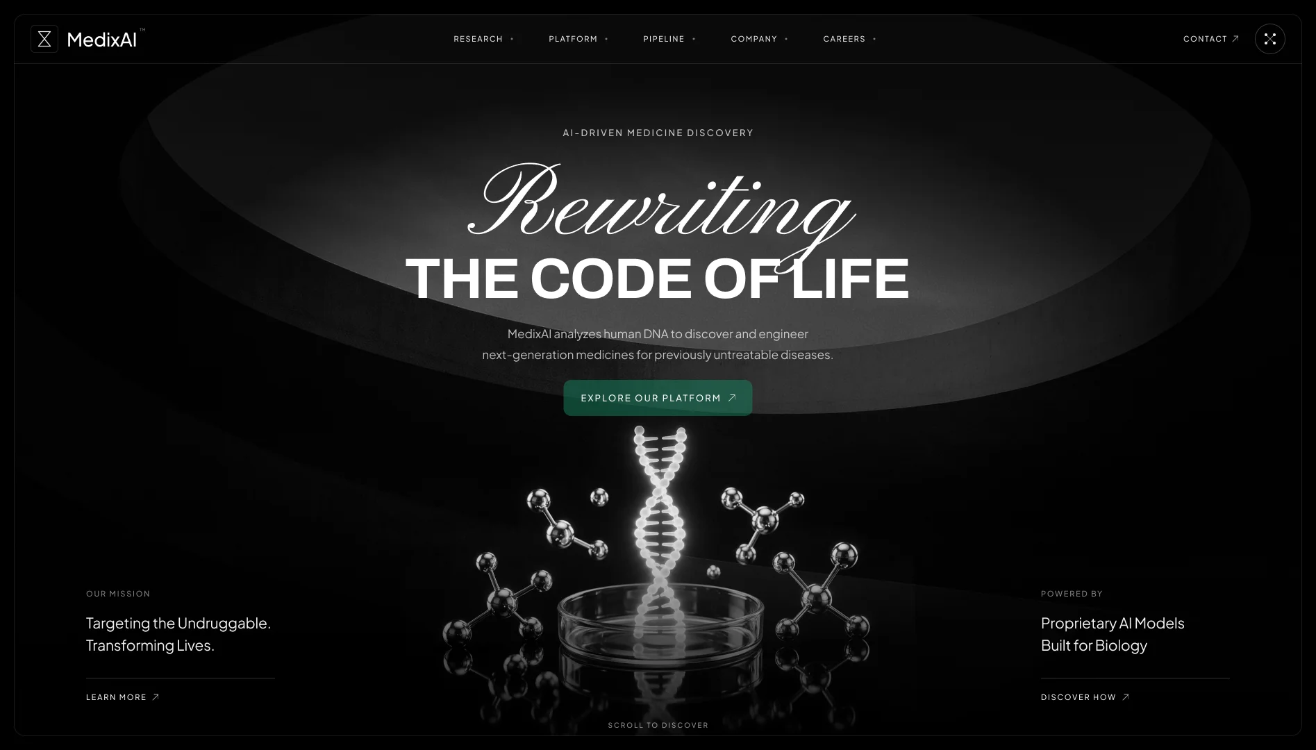 Your agent's output: the same MedixAI hero in its own brand, black and white, with a glowing DNA helix