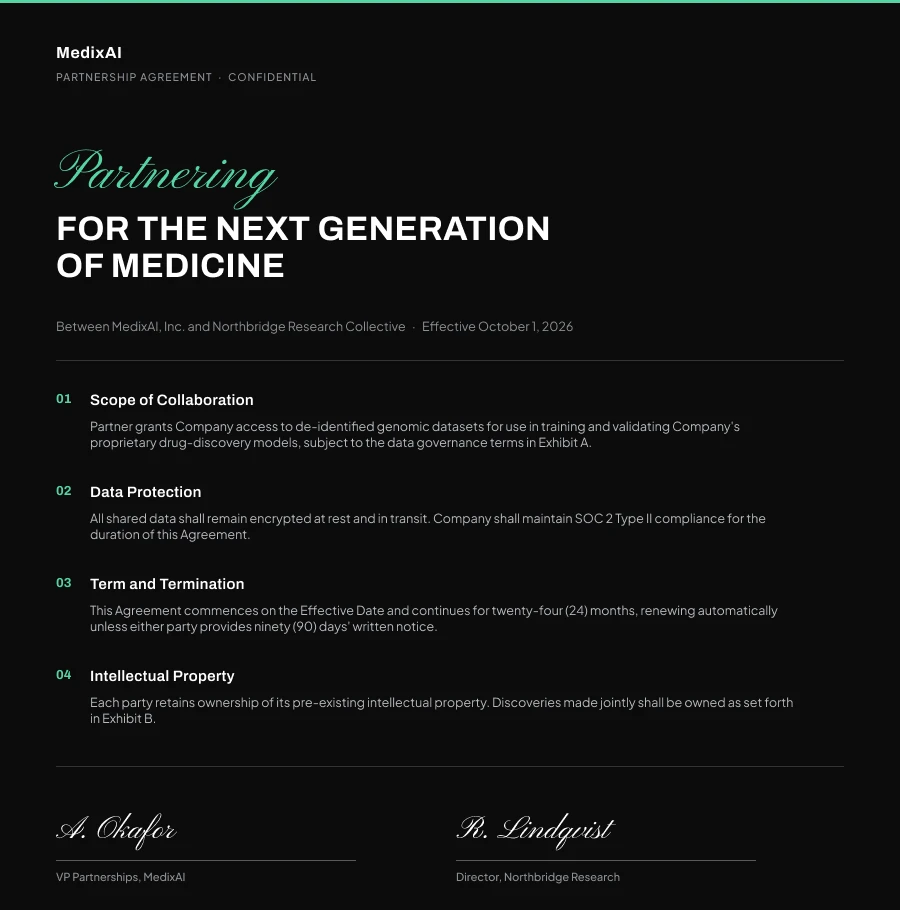 A MedixAI partnership agreement in the brand's black and green, with numbered clauses and a signature block