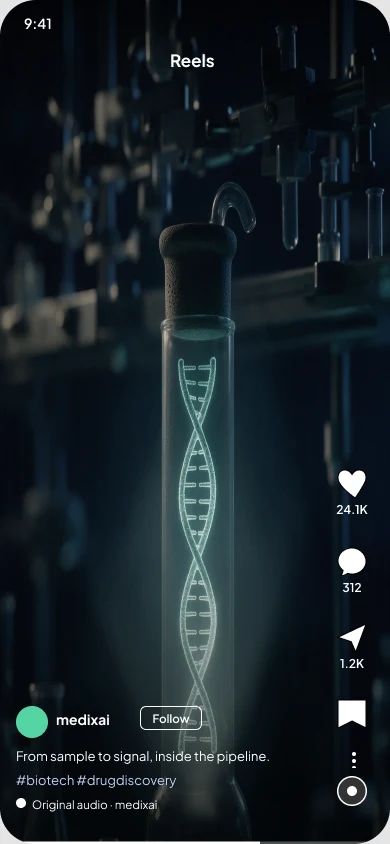 A MedixAI Instagram Reel: a DNA helix inside a lab vessel, with the Reels interface around it